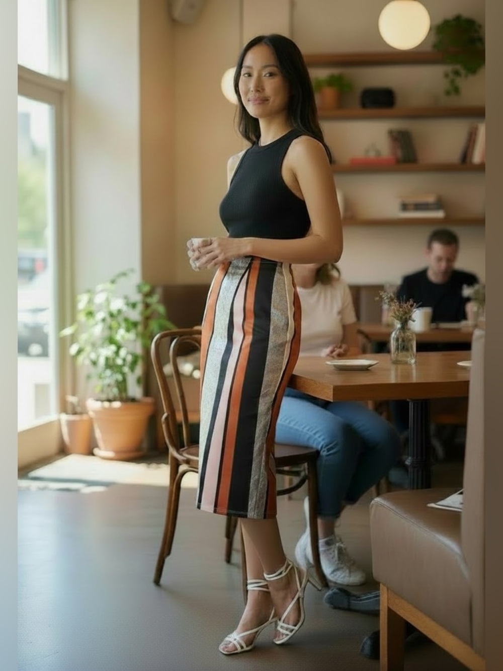 NWT ASOS color block Vertical Stripe Midi Skirt in Rust, Black, Pink & White. 0